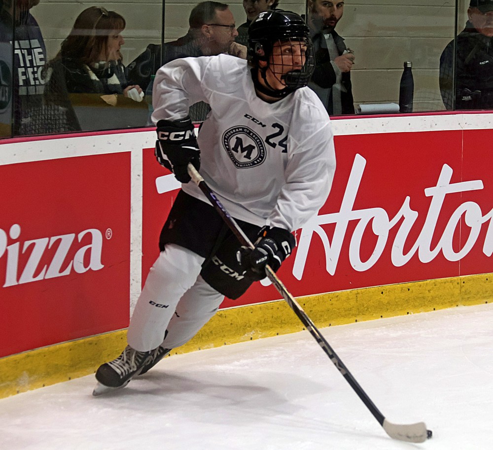 Dominion City's Crosby Mateychuk could be a first-round pick in the upcoming WHL draft. The defender finished his U15 AAA season with 71 points in 31 games. He was skating in front of scouts at the Hockey Manitoba U16 Program of Excellence Camp in Winnipeg April 11. (Cassidy Dankochik The Carillon)
