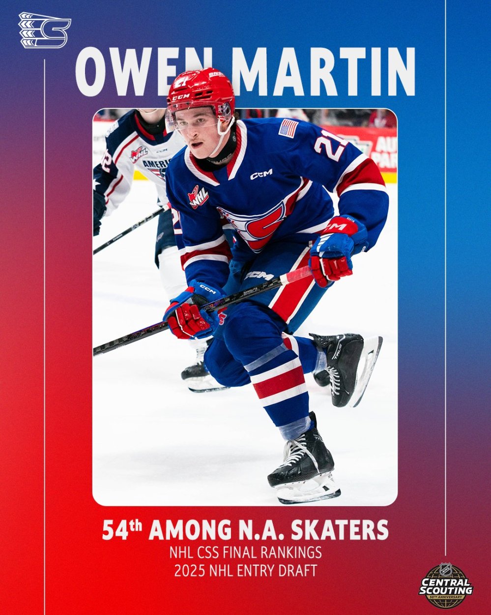 NHL Central Scouting has Oakbank's Owen Martin ranked as the 54th best North American Skater available this year in the draft. (Spokane Chiefs)