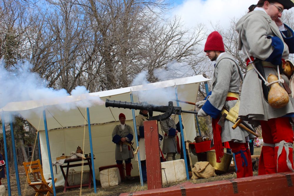 CHRIS GAREAU THE CARILLON
The gun goes off at the Sugaring Off Festival thanks to La Compagnie de La Vérendrye, who came from the 1740s to St Pierre Apr. 5-6 for the maple taffy, French Canadian cuisine, historical re-enactments, fiddling and more.