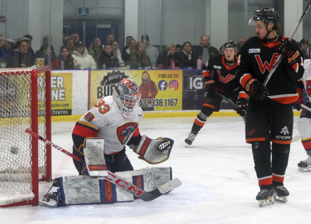 This Andrew Morton blast beat Austin Dubinsky and stood up as the series-winner as the Winkler Flyers advanced past the Niverville Nighthawks 4-2 in the first round of the MJHL playoffs. (Cassidy Dankochik The Carillon)