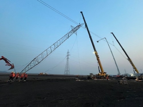 MANITOBA HYDRO 

Manitoba Hydro crews put up a new transmission tower in the Gross Isle area, replacing a tower that was knocked down by a piece of farm machinery.