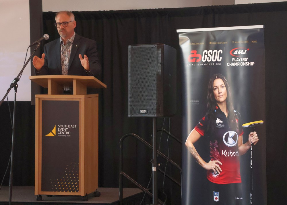 Steinbach Mayor Earl Funk was one of the speakers at the Grand Slam of Curling's kick-off event in Steinbach May 13. The Players' Championship will be in Steinbach's newly built Southeast Event Centre in January 2026. (Cassidy Dankochik The Carillon)