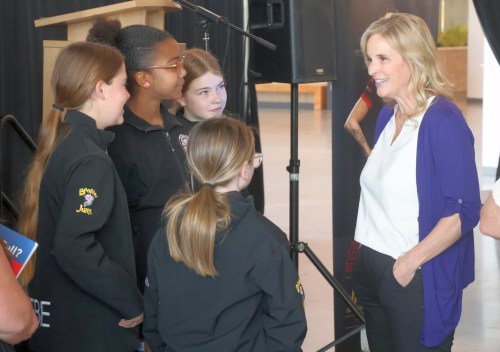 Jennifer Jones speaks with young curlers following a promotional event for the 2026 Players' Championship, which will be hosted in Steinbach. It's the first Grand Slam in Manitoba since 2018. Jones credited the Grand Slam for powering the growth of women's curling around the globe. (Cassidy Dankochik The Carillon)