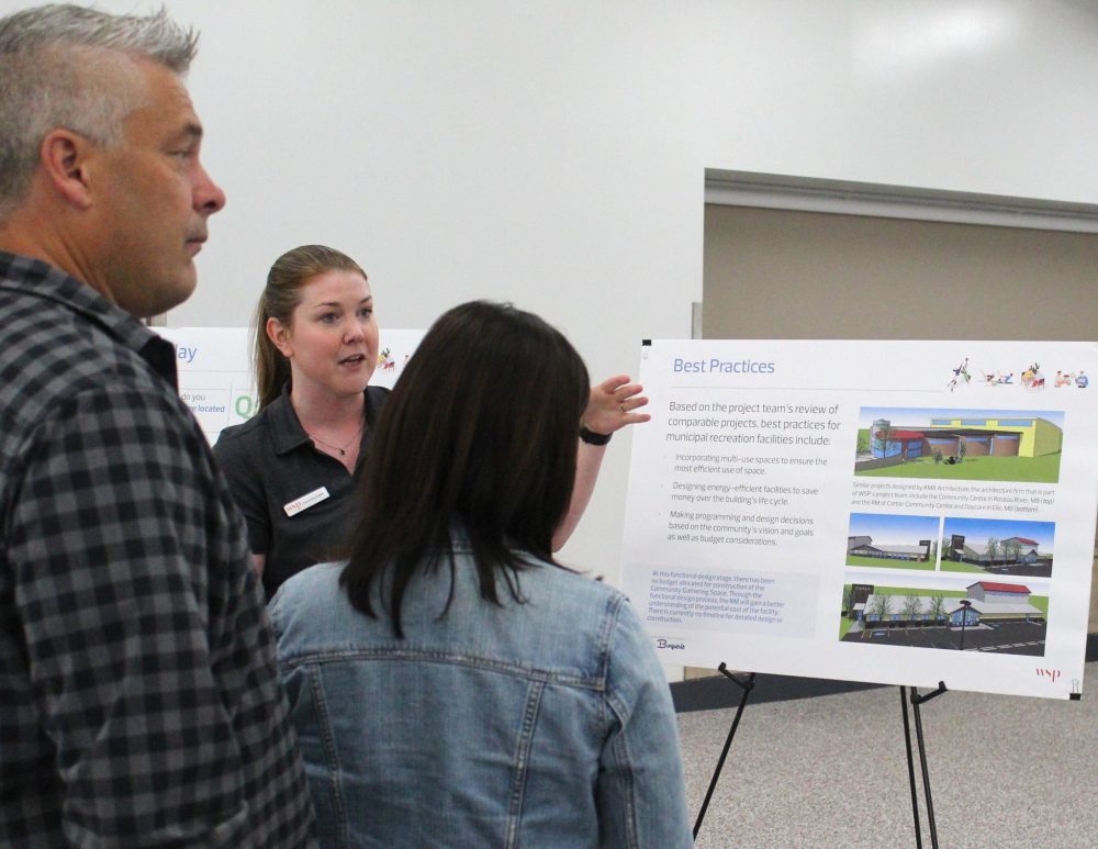 CHRIS GAREAU THE CARILLON
WPS project manager Samantha Draward explains the first steps in creating a new recreation building in La Broquerie at an open house in the HyLife Centre May 22.