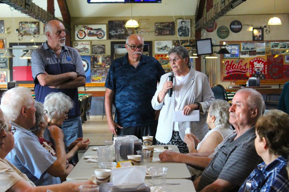 CHRIS GAREAU THE CARILLON
Sister Claudette Robert speaks to those gathered in La Broquerie to celebrate her Quebec-based Sisters of St Joseph’s donation to the St Joachim Roman Catholic Church.