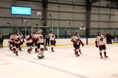 Cassidy Dankochik The Carillon 

The Niverville Nighthawks salute the crowd after dropping game six of their first round series against Winkler in the MJHL. The MJHL season ended for every team May 1, with a game seven overtime victory in the finals for the NorMan Blizzard.