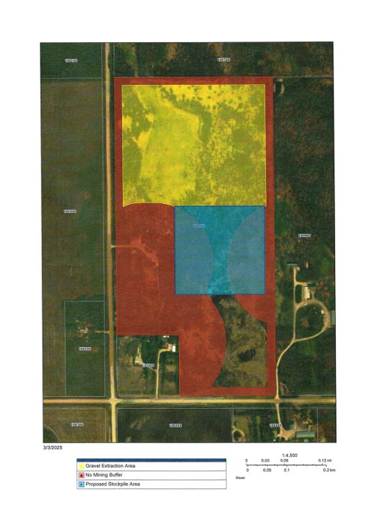 Submitted by Diamond Construction and Gravel
An image of the mining project on Road 27E about one mile west of Roseville Drive. The yellow indicates where gravel will be extracted while the blue indicates storage. The red is a buffer zone where no mining will take place and where berms and other measures will be taken to stop disturbance to neighbouring homes.