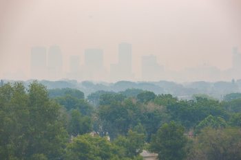 MIKE DEAL / FREE PRESS
A smoke leaden Winnipeg skyline as seen from Garbage Hill (Westview Park) early Monday morning.
Standup
250602 - Monday, June 02, 2025.