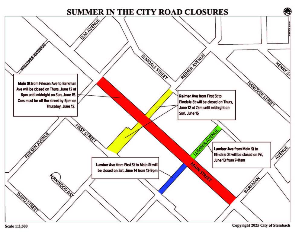 CITY OF STEINBACH
Road closures will take place in Steinbach’s downtown between Thursday and Sunday for Summer in the City.