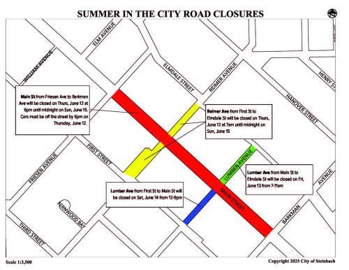 CITY OF STEINBACH 

Road closures will take place in Steinbach’s downtown between Thursday and Sunday for Summer in the City.