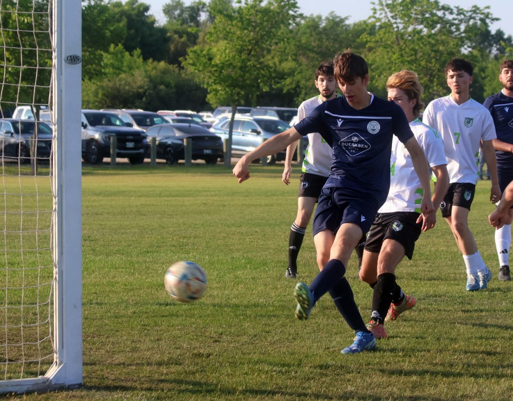 A Hanover Strikers player converts after a scrambled corner kick in tight. (Cassidy Dankochik The Carillon)