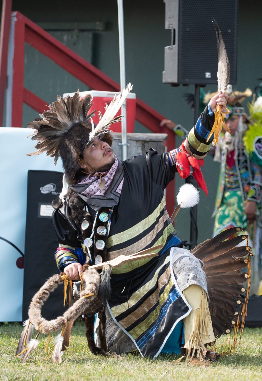 SVJETLANA MLINAREVIC THE CARILLON
Mackenzie Thomas of Roseau River Anishinabe First Nation dances the warrior dance in Men's Traditional during the Manitoba Stampede in Morris on July 18, 2025. The warrior dance shows the dancer scouting for enemies or looking for prey.