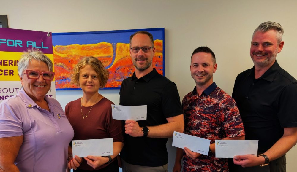Submitted
From left to right: Cindi Rempel Patrick, SCSS executive director; Deborah Schroeder, Southeast Travel; Jesse Loewen, Loewen Auto Body;
Dr. Ben Townsend, Dynamic Chiropractic and Sports Therapy; and Rob Friesen, Re/Max Performance Realty.