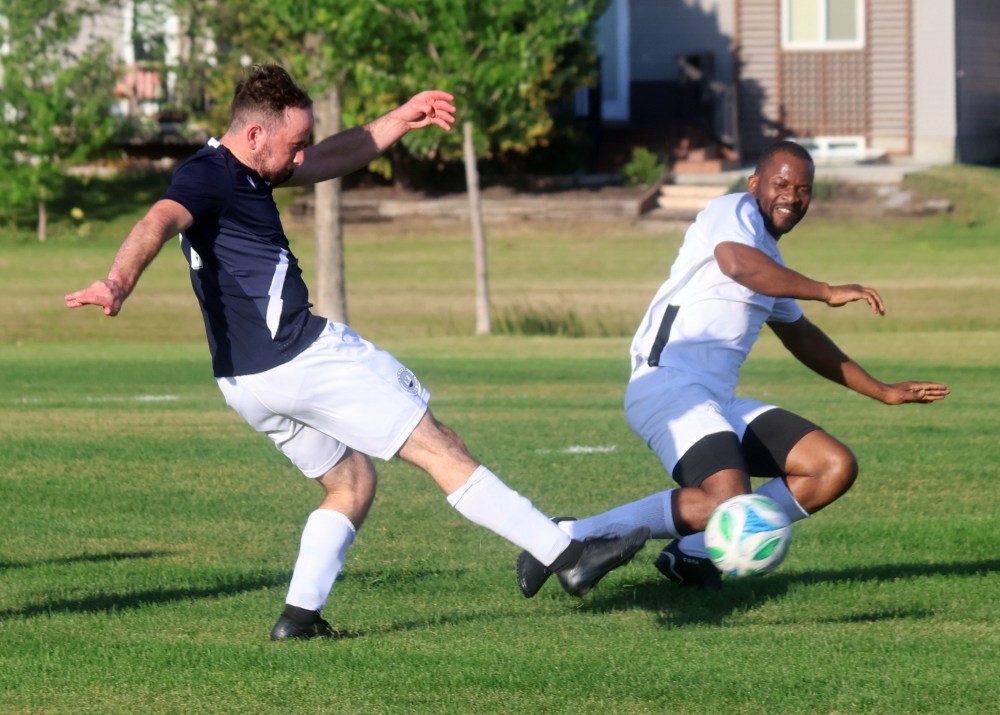 This Hanover Kickers shot would find the back of the net as the Steinbach-based squad made short work of Scorpions FC during a 8-1 win July 3. (Cassidy Dankochik The Carillon)