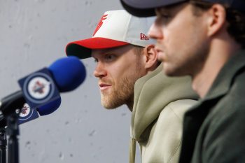 MIKE DEAL / FREE PRESS
Winnipeg Jets’ Nikolaj Ehlers (27) and Josh Morrissey (44) during post-playoffs media availability at Canada Life Centre Thursday.
240502 - Thursday, May 02, 2024.