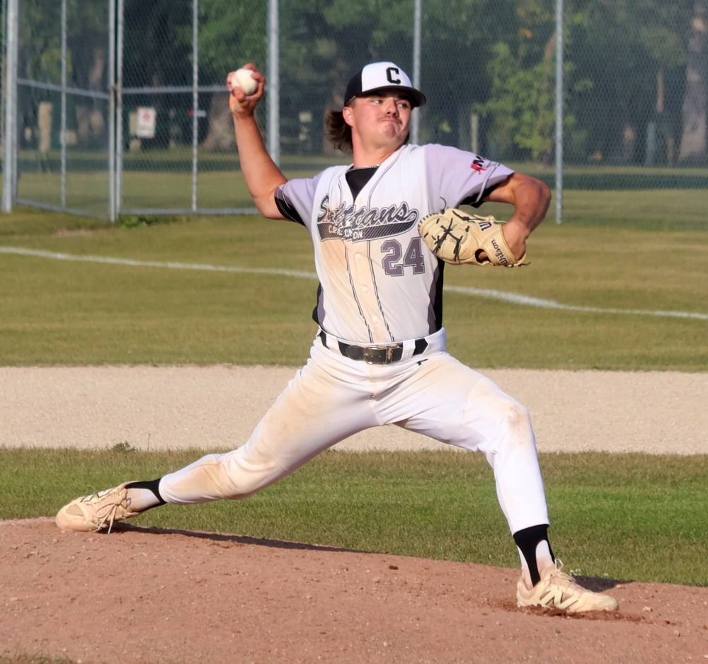 Jackson Penner was one of a few Carillon pitchers to get the nod during his team's game against North Winnipeg July 16, as the team prepares for provincials this weekend. (Cassidy Dankochik The Carillon)