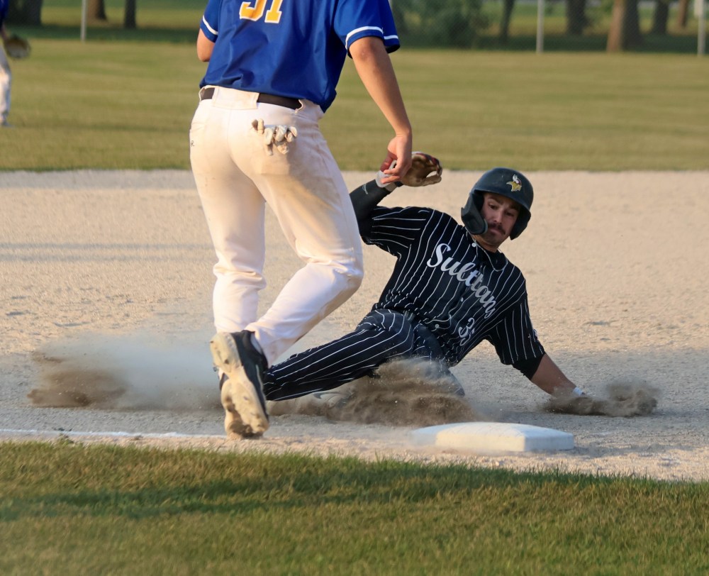 Cody Wielgosh hit 0.444, circling the bases seven times in the three games during Carillon's sweep of St Boniface in the MJBL semi-finals. (Cassidy Dankochik The Carillon)