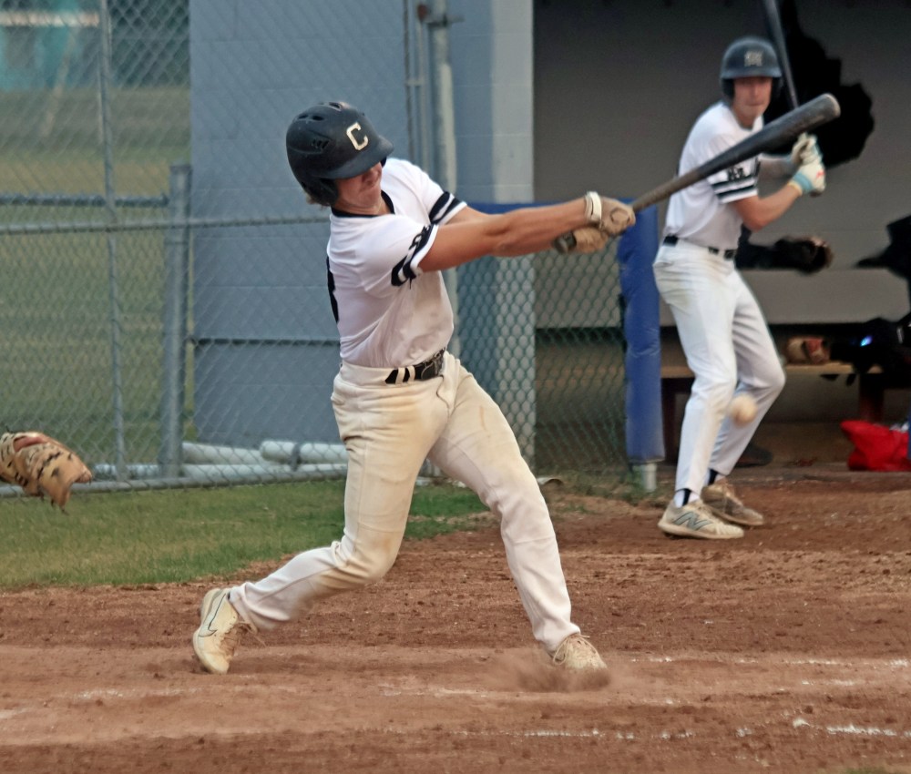 Anders Meilleur's hit scored the first run of Carillon's 3-0 win in game two of the MJBL finals. (Cassidy Dankochik The Carillon)