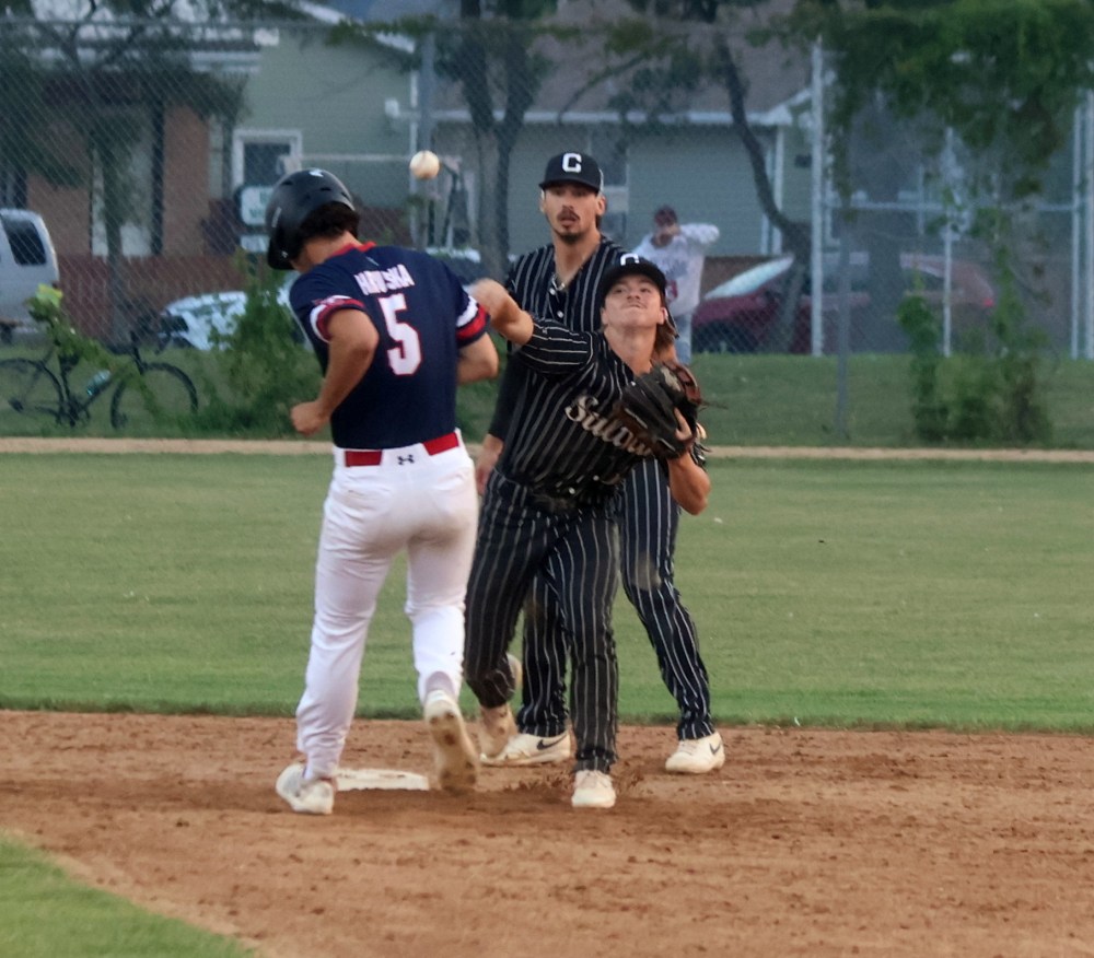 Anders Meilleur turns a championship winning double-play in the bottom of the seventh inning of Carillon's 2-1 win in game four of the MJBL finals. (Cassidy Dankochik The Carillon)