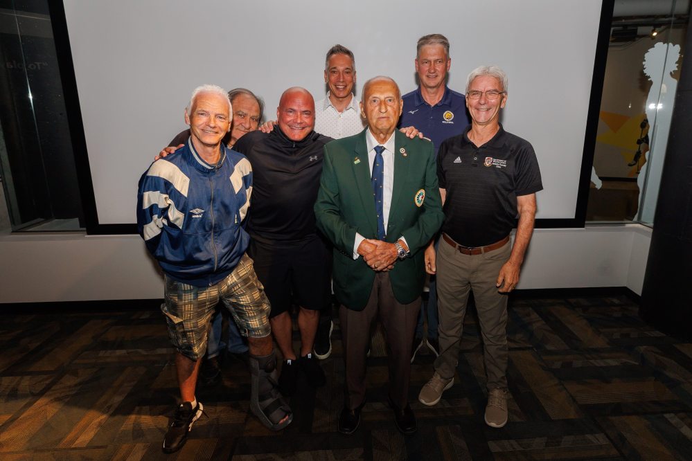 Some of the inductees of the class of 2025 for the Manitoba Sports Hall of Fame during a press conference at the Manitoba Sports Hall of Fame on Wednesday. (From left) John Baillie, Michael Nardiello, Troy Westwood, Rob Albo, Colonel Gary Solar, Russ Paddock and Glen Bergeron. (Winnipeg Free Press)