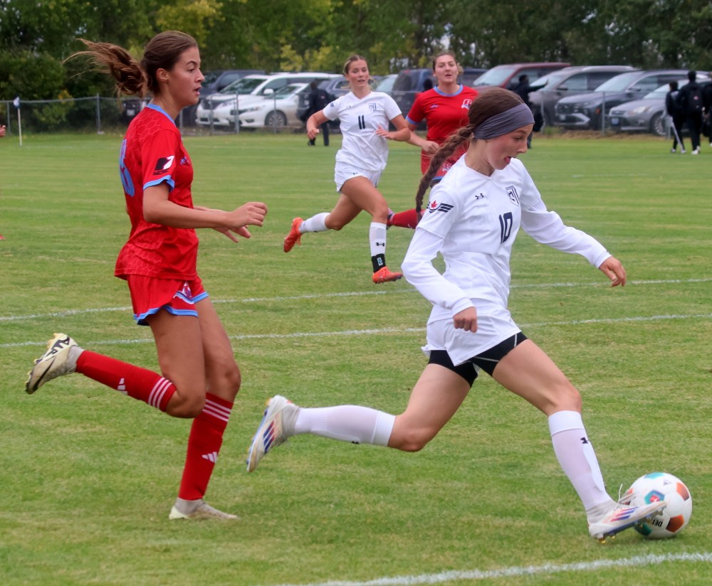 Niverville's Hannah Degueldre was named Pilot of the match, scoring two goals as Providence took down St Boniface 4-1 in their home opener Sept. 6, coming back from a 1-0 halftime deficit. (Cassidy Dankochik The Carillon)