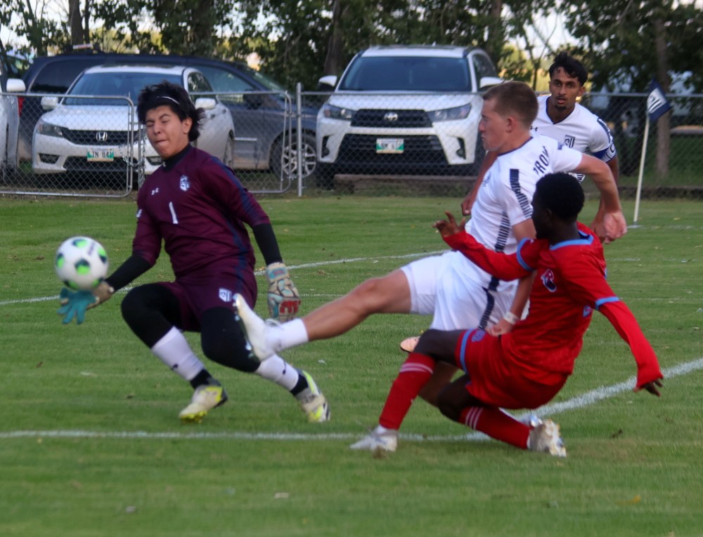 This massive save late in the game saved a 1-1 draw for Providence against defending champions University of St Boniface. (Cassidy Dankochik The Carillon)