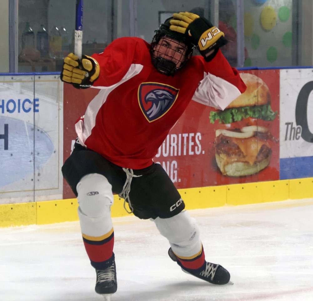 James Nicholls celebrates opening the scoring for Niverville in their pre-season game against Selkirk Sept. 7. (Cassidy Dankochik The Carillon)