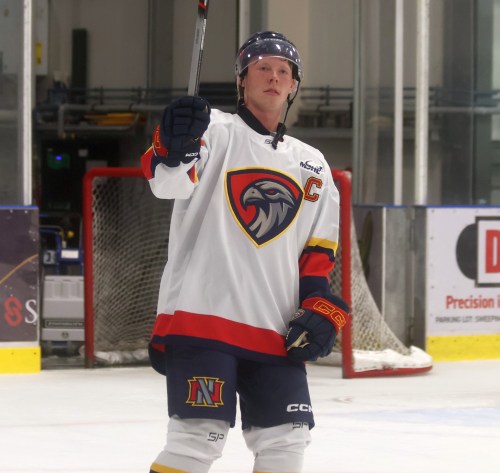 Adam Vigfusson broke in the captain's 'C' in style, getting named first star of the game after Niverville's home opener Sept. 19. (Cassidy Dankochik The Carillon)