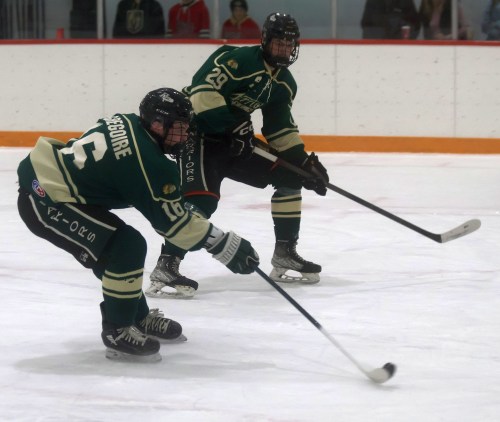 Brady Gregoire converts for a goal on a two-on-zero rush for St Malo during their win over La Broquerie. (Cassidy Dankochik The Carillon)