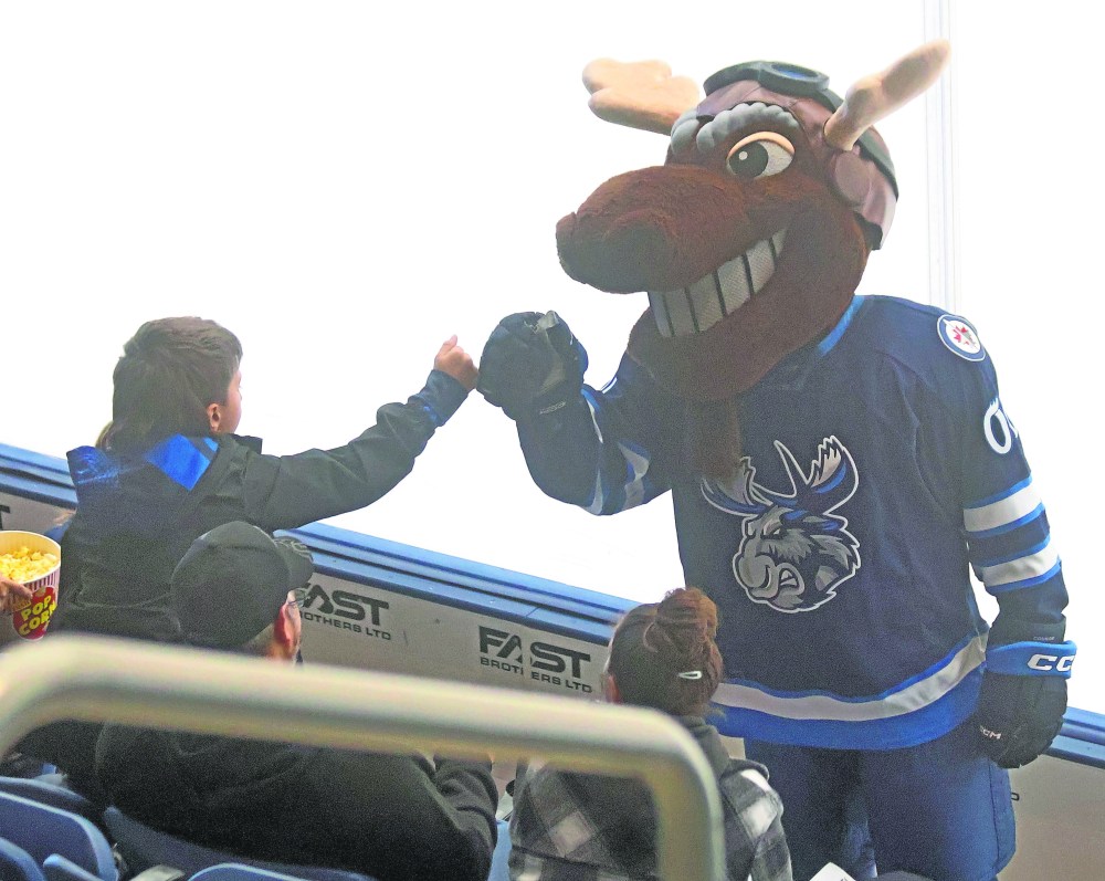 Manitoba Moose/Winnipeg Jets mascot Mick E. Moose was on hand to intact with fans in Steinbach for the Moose's intersquad game. (Cassidy Dankochik The Carillon)