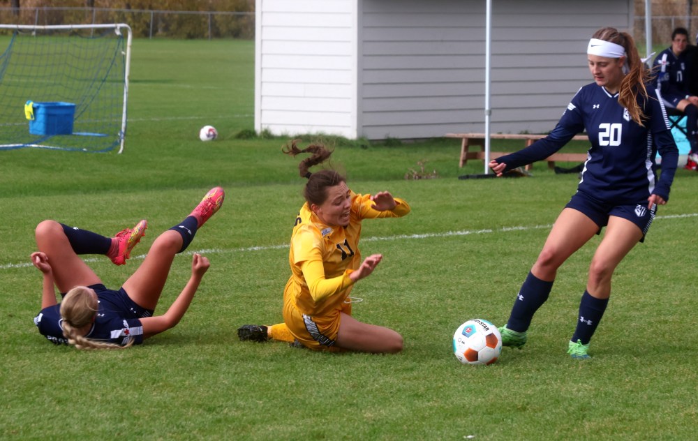 Ste Genevieve's Emilie Dornez is fouled during second half action between Brandon University and Providence in Otterburne Oct. 18. Dornez played her high school soccer at Gabrielle-Roy. (Cassidy Dankochik The Carillon)