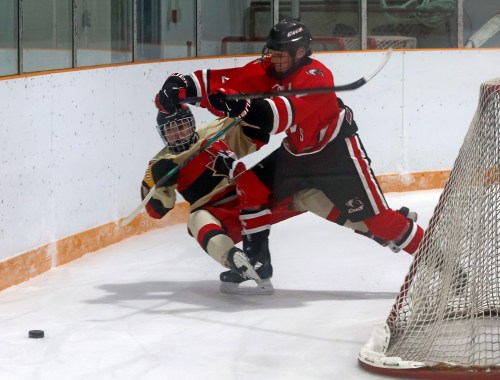 Gabrielle-Roy's Austin Beaudette buries a CPET player during Winnipeg High School Hockey League game in Ile des Chenes Nov. 7. (Cassidy Dankochik The Carillon)