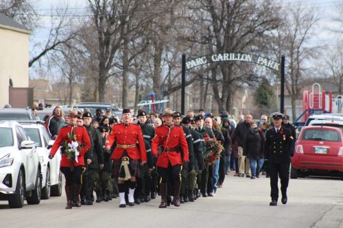 GREG VANDERMEULEN CARILLON ARCHIVES
Participants in the St Pierre Remembrance Day ceremony marched down the street to the cenotaph during the 2024 ceremony.
