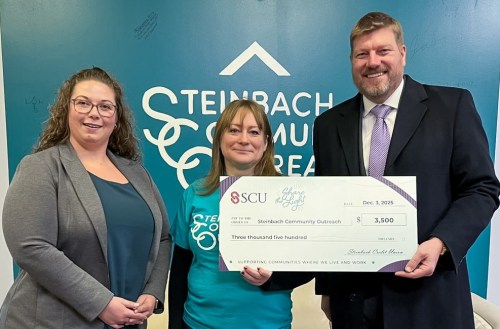 SUPPLIED 

From left, SCU marketing specialist Larissa Harder, Steinbach Community Outreach manager Charlene Kroeker and SCU CEO Curtis Wennberg. Steinbach Credit Union presented a cheque for $3,500 to the Steinbach charity.