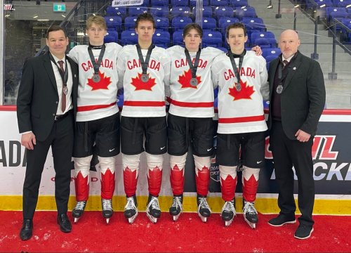 Winnipeg Blues head coach Josh Gratton, Steinbach's Brody Green/Zhenya Miles, Virden's Colten Worthington, Dauphin's Ethan Stewart, and Niverville Nighthawks general manager Mike McAulay made up Canada West's Manitoba Junior Hockey League contingent at the World Junior A challenge. The team won silver at the event. (MJHL)