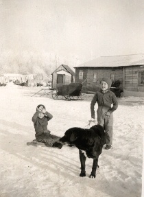 David and Ernie Falk, enjoying winter activities, ca. 1947.