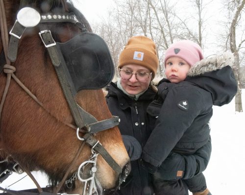 SVJETLANA MLINAREVIC THE CARILLON
Steinbacher Alycia Thompson holds her year-and-a-half year old daughter Emerson while petting draft horse during the Christmas on the Farm event at the Mennonite Heritage Village on Jan. 4, 2026. The free event was organized by the South East Manitoba Draft Horse Association as a way to give back to the community and bring people together. There was also a Tin for the Bin for folks who wanted to donate food, which last year produced 300 pounds for food banks in the Southeast. This is the second year that the association has held this event at MHV, but it has been holding wagon ride events for 20 years. This year there were five teams and one single horse pulled wagons for crowds to enjoy. Teams came from Mitchell, La Broquerie, Kleefeld, Roseau River, and south of Steinbach.