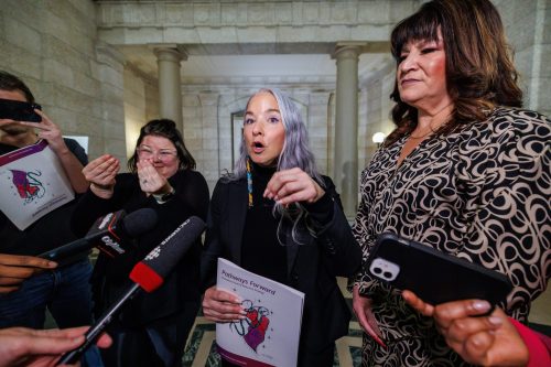 MIKE DEAL WINNIPEG FREE PRESS 

Families Minister Nahanni Fontaine (second from right) along with Housing, Addictions and Homelessness Minister Bernadette Smith (right), scrum with the media after the announcement that the province is launching a renewed five-year poverty reduction strategy they say is “grounded in the voices of Manitobans with lived experience and supported by concrete objectives to reduce poverty provincewide,” during an event at the Manitoba Legislative Building,
