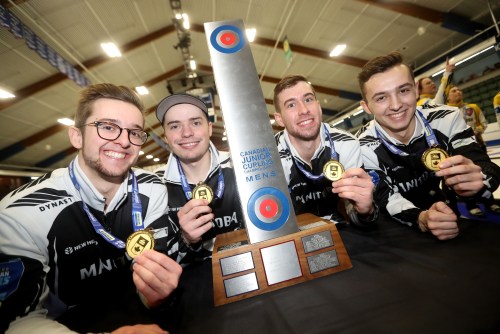 Team Manitoba's skip Jacques Gauthier, third, Jordan Peters, second, Brayden Payette, and lead, Zack Bilawka defeated Newfoundland to win the Canadian Junior Curling Championships in Langley, BC, Sunday, January 26, 2020. (TREVOR HAGAN / WINNIPEG FREE PRESS)