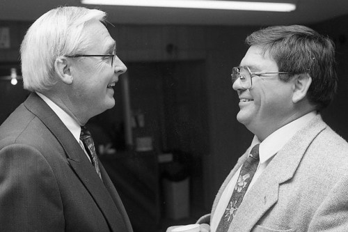 CARILLON ARCHIVES 

National Energy Minister Jake Epp and National Metis Council president Yvon Dumont discuss the “Yes” campaign at a meeting in Richer.