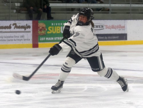 Reece Beavis lets a shot go during Eastman's victory over Pembina Valley Jan. 24. (Cassidy Dankochik The Carillon)