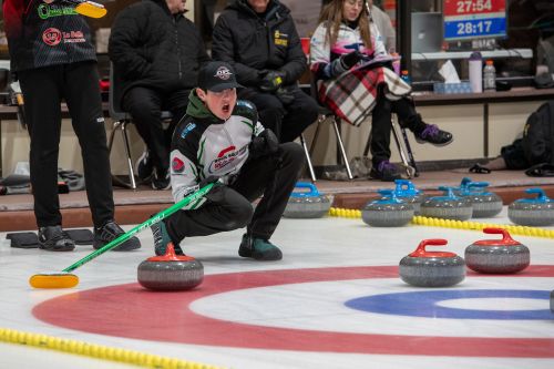 Tyler Graham shouts instructions to the sweepers on his team. Team Graham earned a spot at the U18 Nationals after finishing second in Manitoba at the provincial championship in Riverton. (Team Graham Submitted)