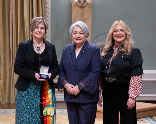 Petty Officer 2nd Class Louis Dubé 
Governor General of Canada Mary Simon (center) presents the Governor General’s History Award for Excellence in Community Programming at Rideau Hall, Ottawa, to Dawson Trail Arts and Heritage Tour founder and chair Pierrette Sherwood (left) and Mireille Lamontagne, curator and researcher for the trail, on January 23, 2026.
