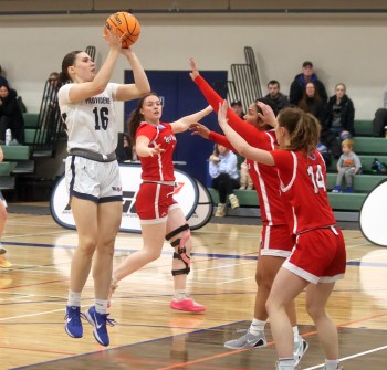Faith LaRocque hits a shot during an Manitoba Colleges Athletic Conference game in Niverville Feb. 6. (Cassidy Dankochik The Carillon)