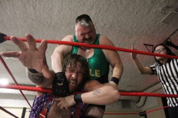 MATTHEW FRANK THE CARILLON 

The Boston Bruiser Kevin O’Doyle pushes Bamm Bamm Burton onto the ropes during a Steinbach Canadian Wrestling’s Elite show on Jan. 24.