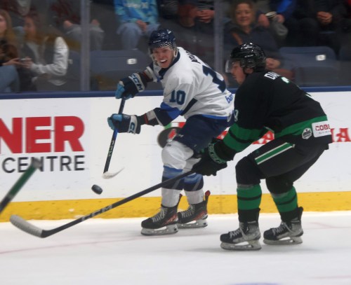 Pistons caption Sam Noad, in action against Portage during last year's playoffs, said the team is ready to pay the price of winning this season. (Cassidy Dankochik Carillon Archives)