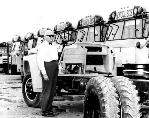 CARILLON ARCHIVES

Manager Ralph Berg with the chassis for one of a long line of school buses ready for assembly at the Sheller-Globe plant at Morris destined for shipment to the United States for schools in seven states along the Canadian border.