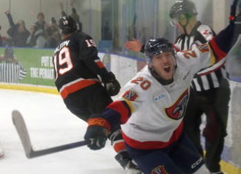 John Scott's late third period insurance goal would stand up as the winner in game three of Niverville's four-game sweep of the Winkler Flyers. (Cassidy Dankochik The Carillon)