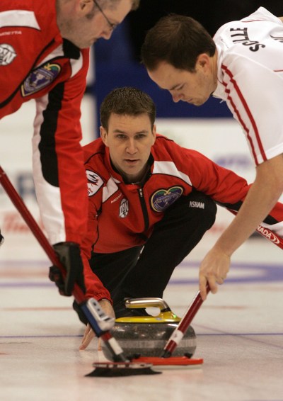 KEN GIGLIOTTI / WINNIPEG FREE PRESS / Mar. 14 2008 -  080314  no  VIDEO OFFERED - Tim Campbell - BC. vs Nfdl  in the only morning draw - in pic NFLD skip Brad Gushue  throwing , he picks up two in 2nd end - 3-2 BC after 2nd end
