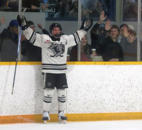 Nixon Gaudet celebrates a goal during the U15 AAA finals. Gaudet is one of 10 players from the Eastman Selects who were invited to Hockey Manitoba's program of excellence spring selection camp. (Cassidy Dankochik The Carillon)